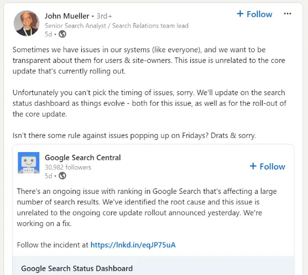 Google Search Ranking Bug